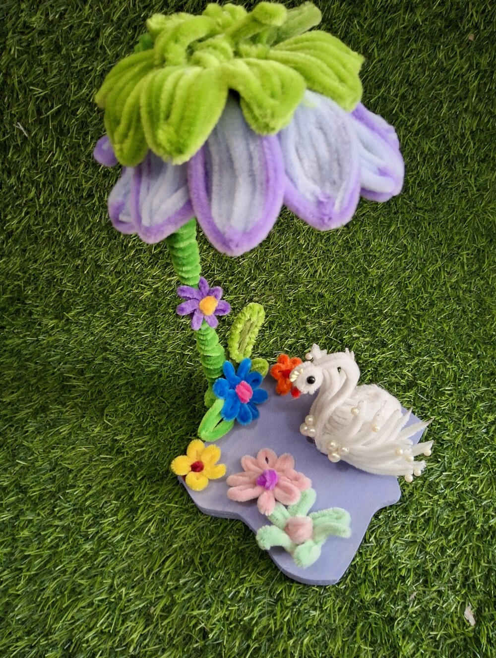 Handmade Floral Swan fairy Light Purple & Green Chenile Flowers Cover The Base - Picture 3 of 5